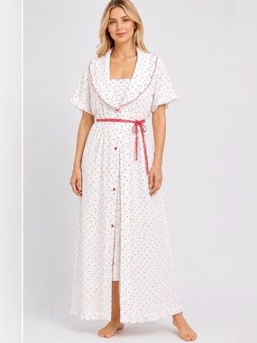 Vintage Strawberry Print Nightgown Robe Set Peignoir Pink White Cottage Size S